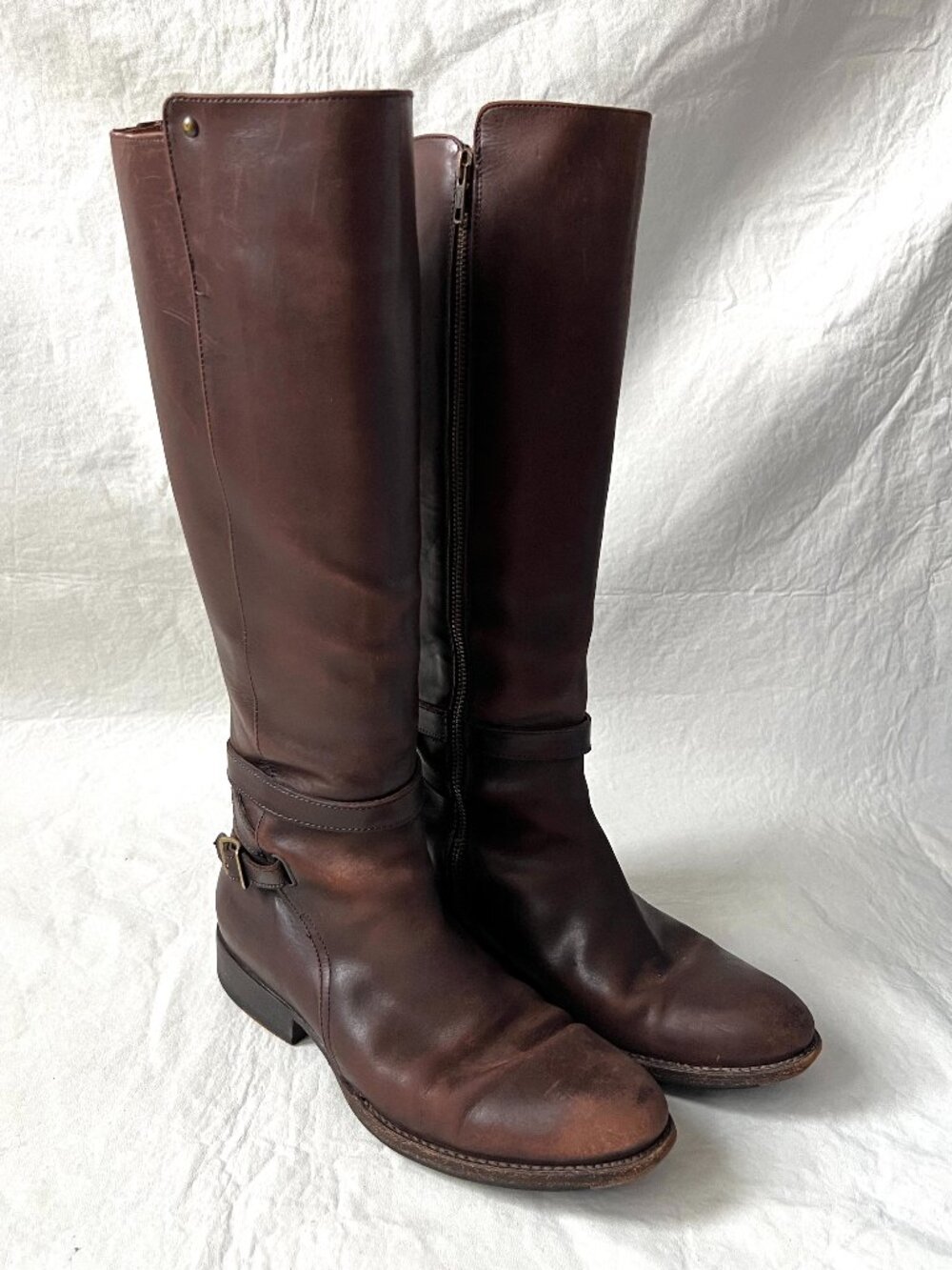 Frye boots womens 8.5 brown leather Jordan Strap Tall zip up knee high riding